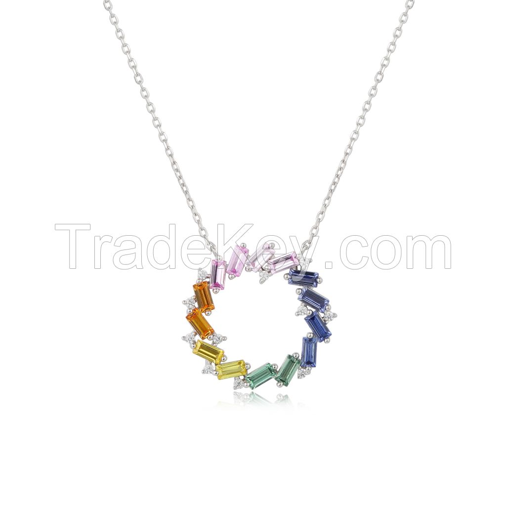 Custom Baguette Cutting Raibow Color Round Pendant Sterling silver Necklace