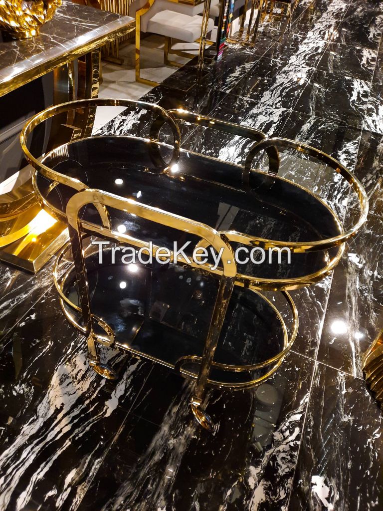 Titanium Gold Service Cart, Stainless Steel, Bar Cart, Industrial, Dining Cart Table, Outdoor Bar Table, Service Cart With Shelves, Metal