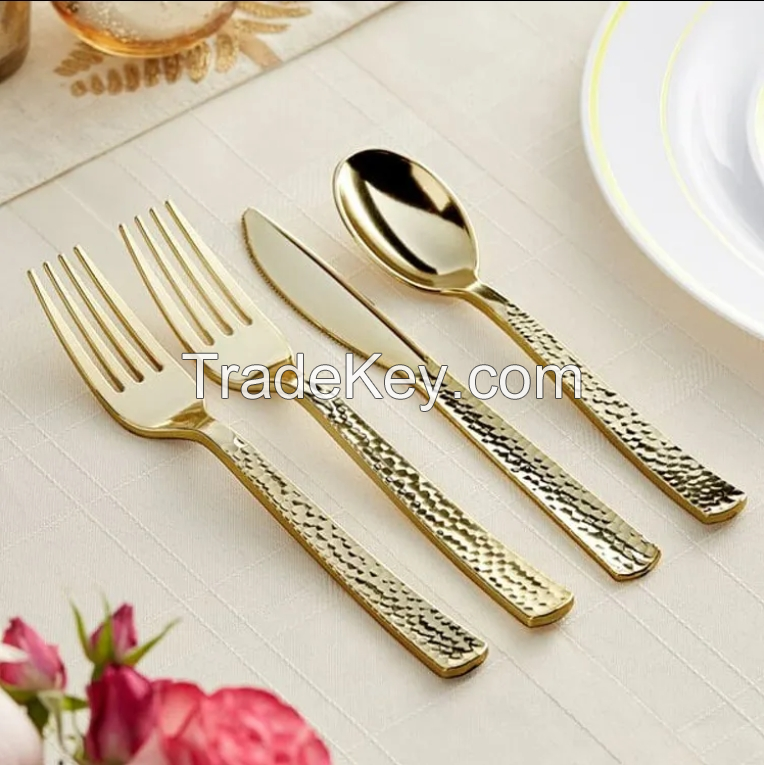 Premium Heavy Duty Gold Wedding Disposable Forks Spoons Knives Plastic Cutlery Set Gold Plastic Cutlery Set Disposable Flatware