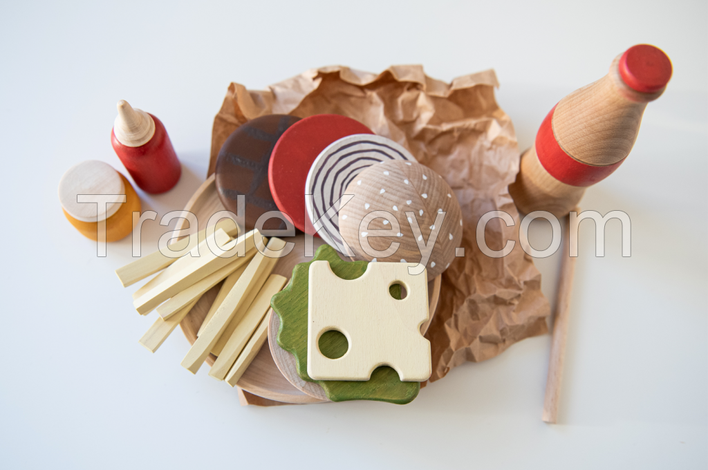 Wooden set of Hamburger, French Fries and Coke