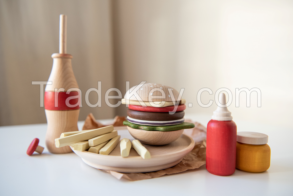 Wooden set of Hamburger, French Fries and Coke