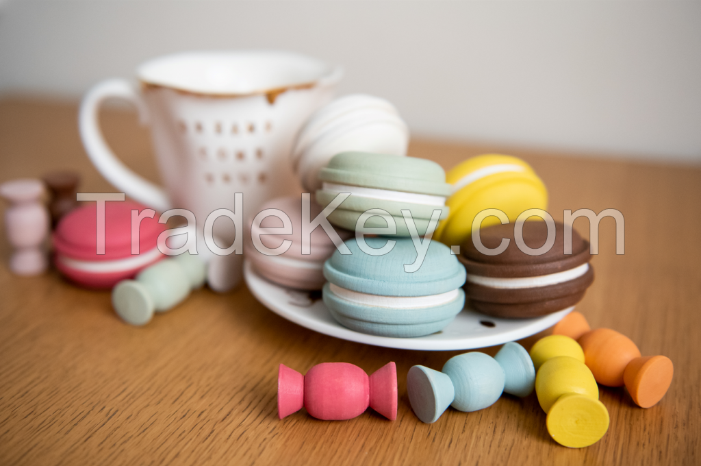 Wooden set of toy cookies macaron and candles