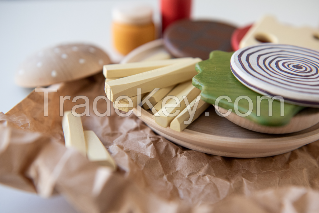 Wooden set of Hamburger, French Fries and Coke