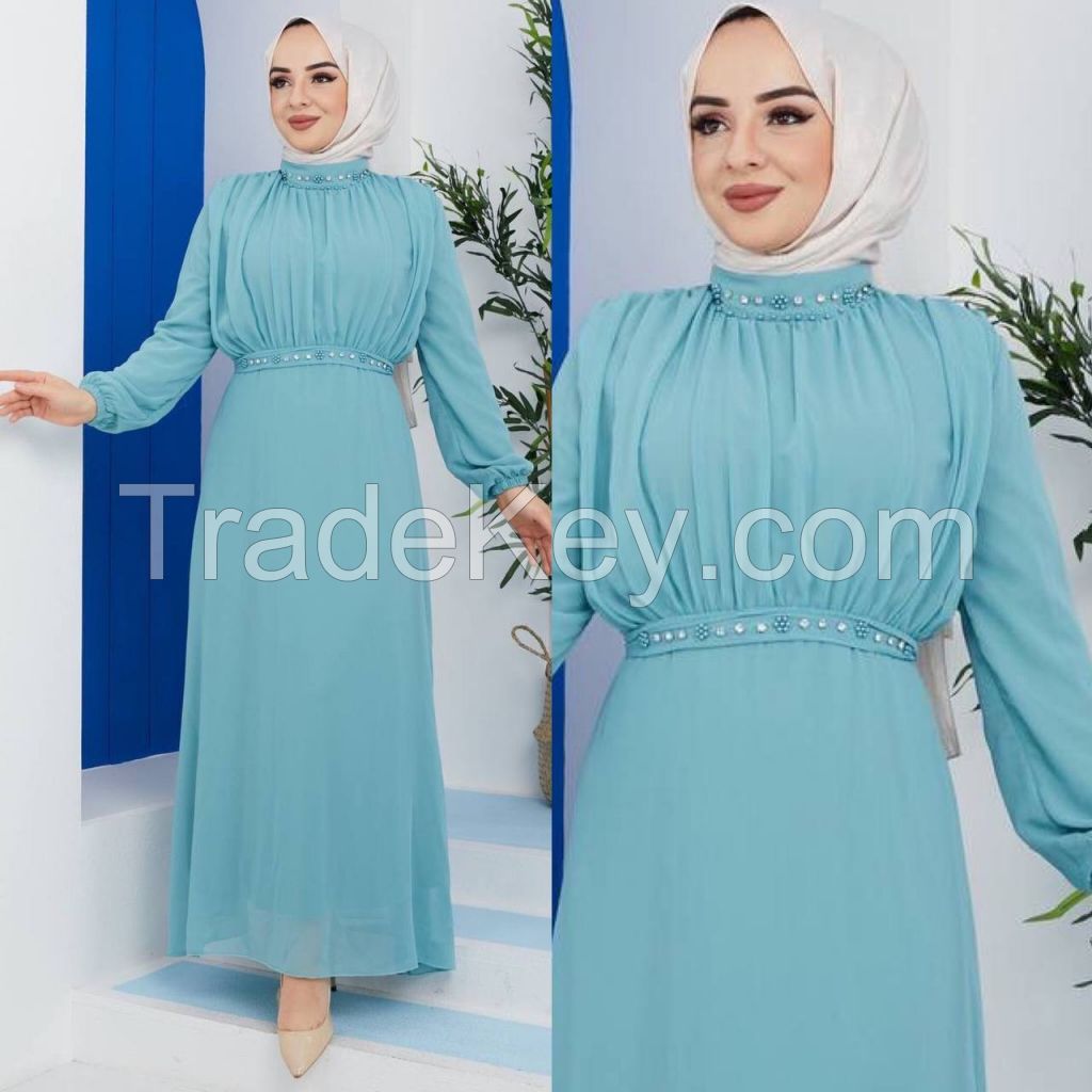 Women's Hijab Dress Waistline Embroidery Detail 2022 Summer Season Wedding Graduation Hijab Clothing