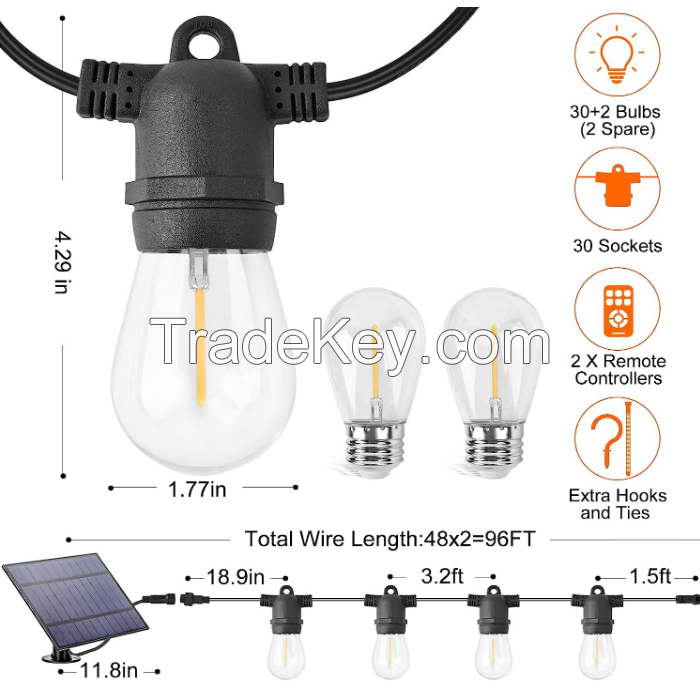 PSS14-3S. 1W, 15m, 15 pc, Outdoor Solar String Light Outdoor String Light with Remote, USB Port, 32 LED Bulbs Solar Patio Solar Light Outside Garden Garden Fence Bistro Loop Wedding Decor-Black