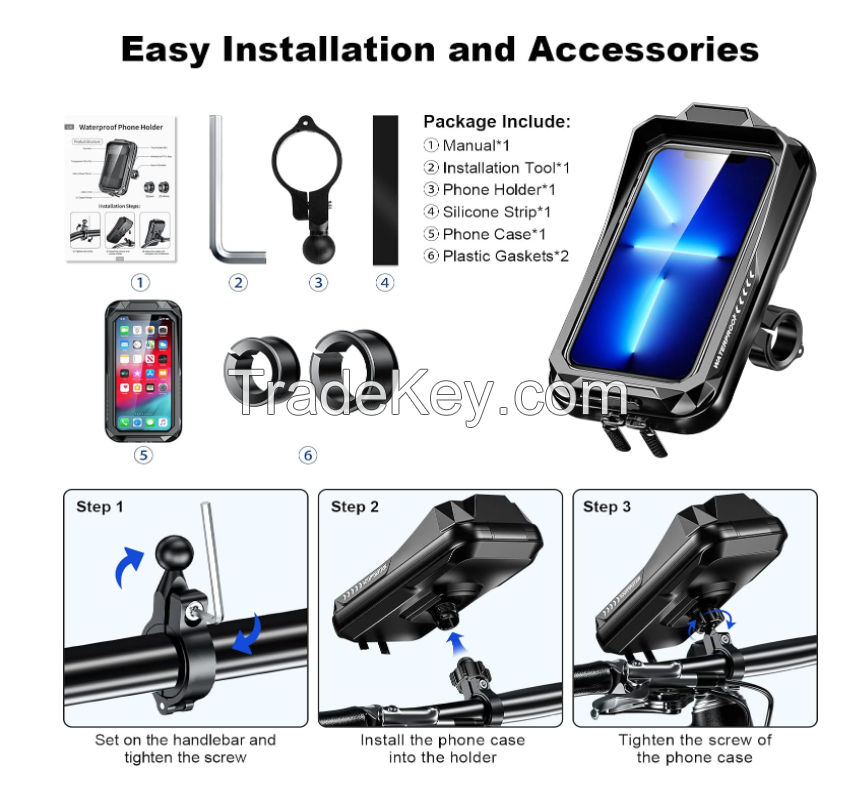 PSM30. Bicycle mobile phone bracket, waterproof bicycle and motorcycle mobile phone bracket, bag with sun shade and touch screen, handlebar mobile phone bracket with 360 degree rotation universal mobile phone bracket suitable for 4.0-6.7 inch mobile phone