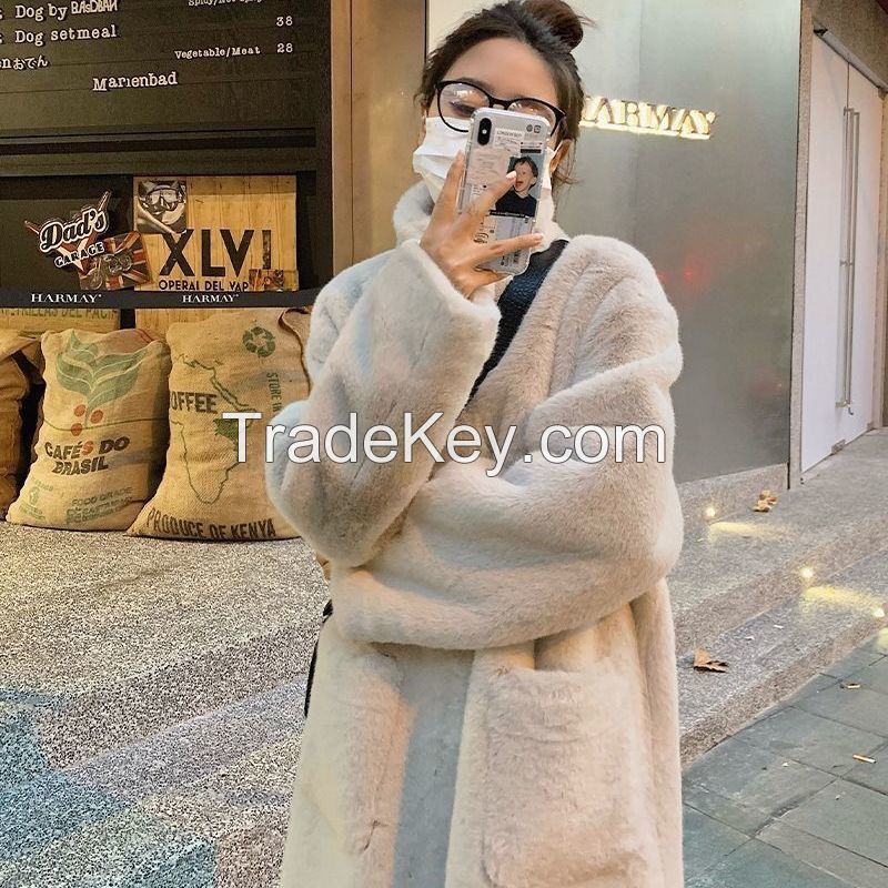 Medium length knee length stand collar fur coat