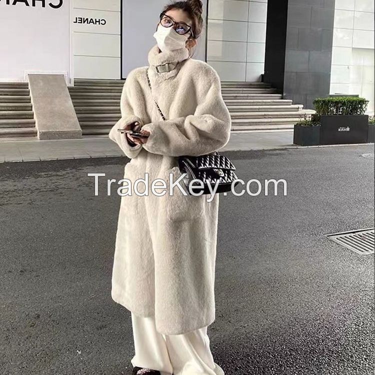 Medium length knee length stand collar fur coat