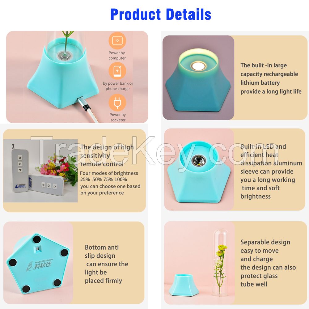 Remote Control Night Light Glass Tube Flower Table Lamp LED Soft Nightlights for Bedroom Reading Room Children Birthday Gifts