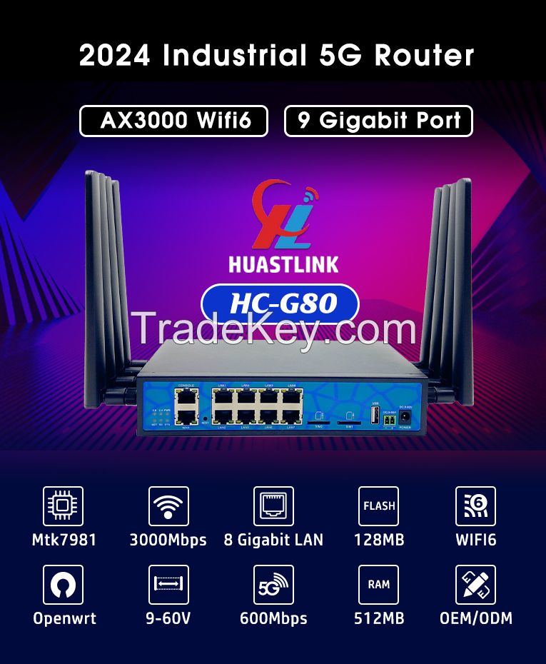 Huastlink HC-G80 8 Lan Ports Gigabit Openwrt AX3000Mbps 5G Industrial Router with sim card
