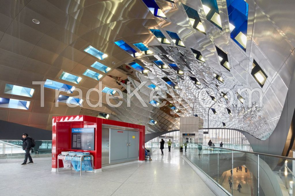 Hammered Effect Stainless Steel Clip in Ceiling Panel in Blue Color Metro Station Design