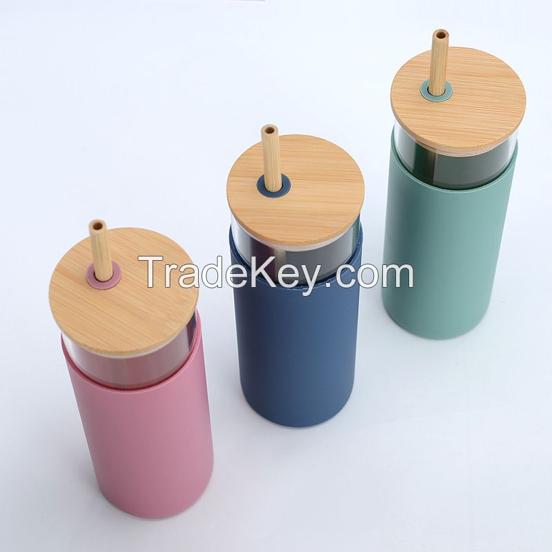 500ml glass water bottle with bamboo lid and straw