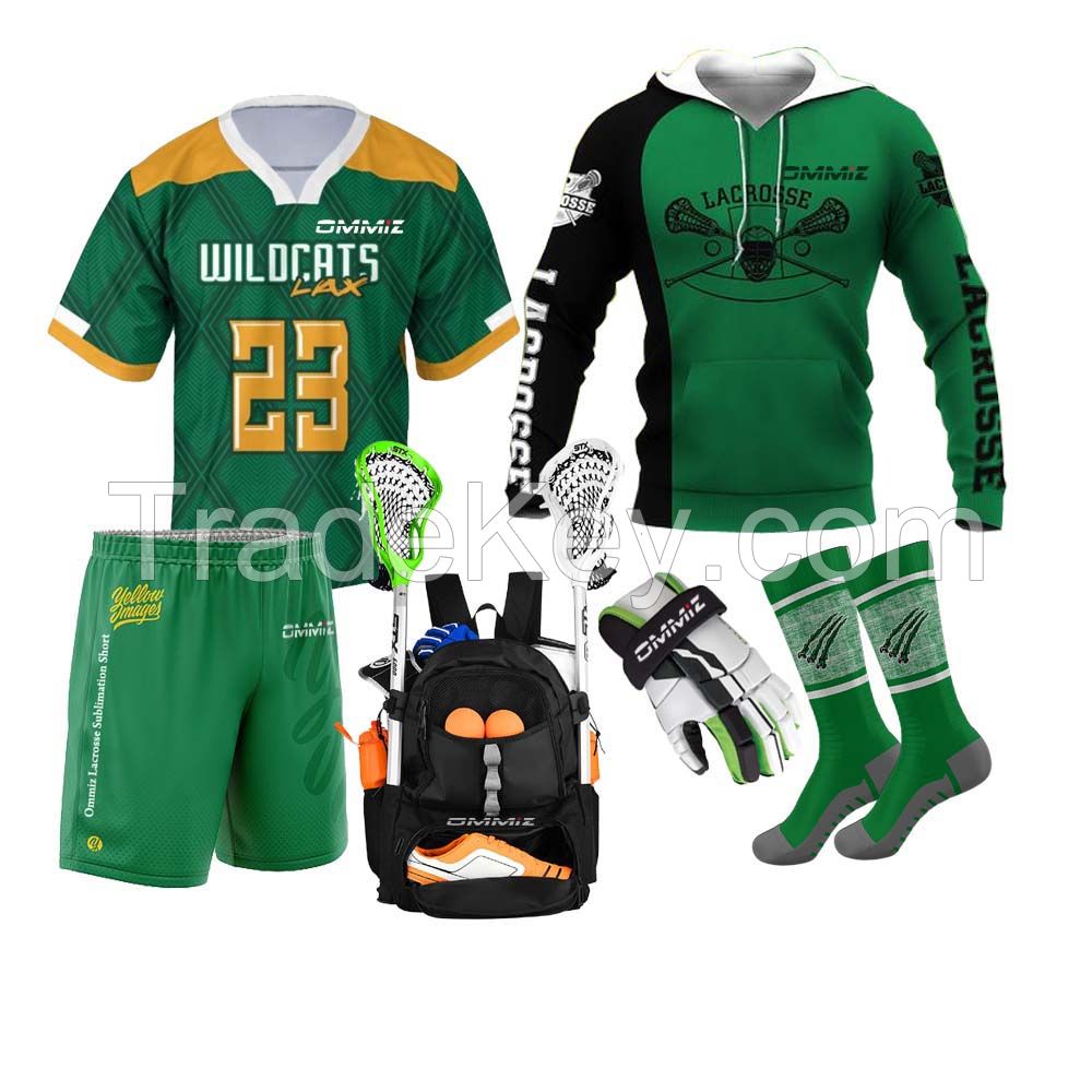 Lacrosse uniform set full kit with custom logo include jersey short hoodie and backpack with gloves 