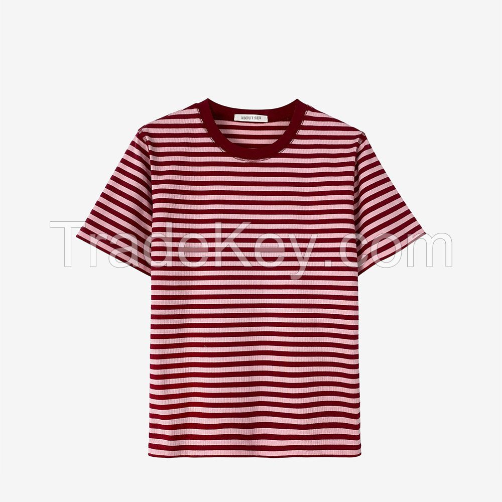 Spring new casual fashion round-neck striped T-shirt simple short sleeved women's pullover top