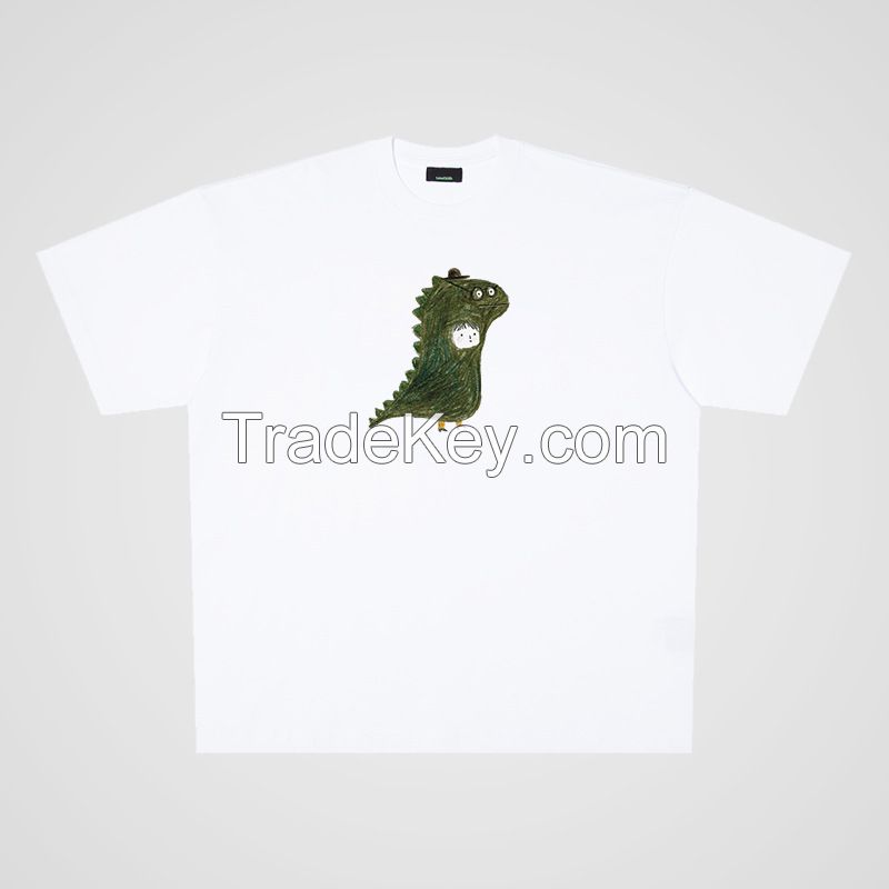 250g cotton graffiti hand-painted kids with green dinosaur casual oversize short sleeve T-shirt