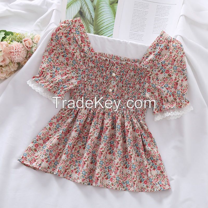 Sweet lace floral chiffon crop shirt top for women