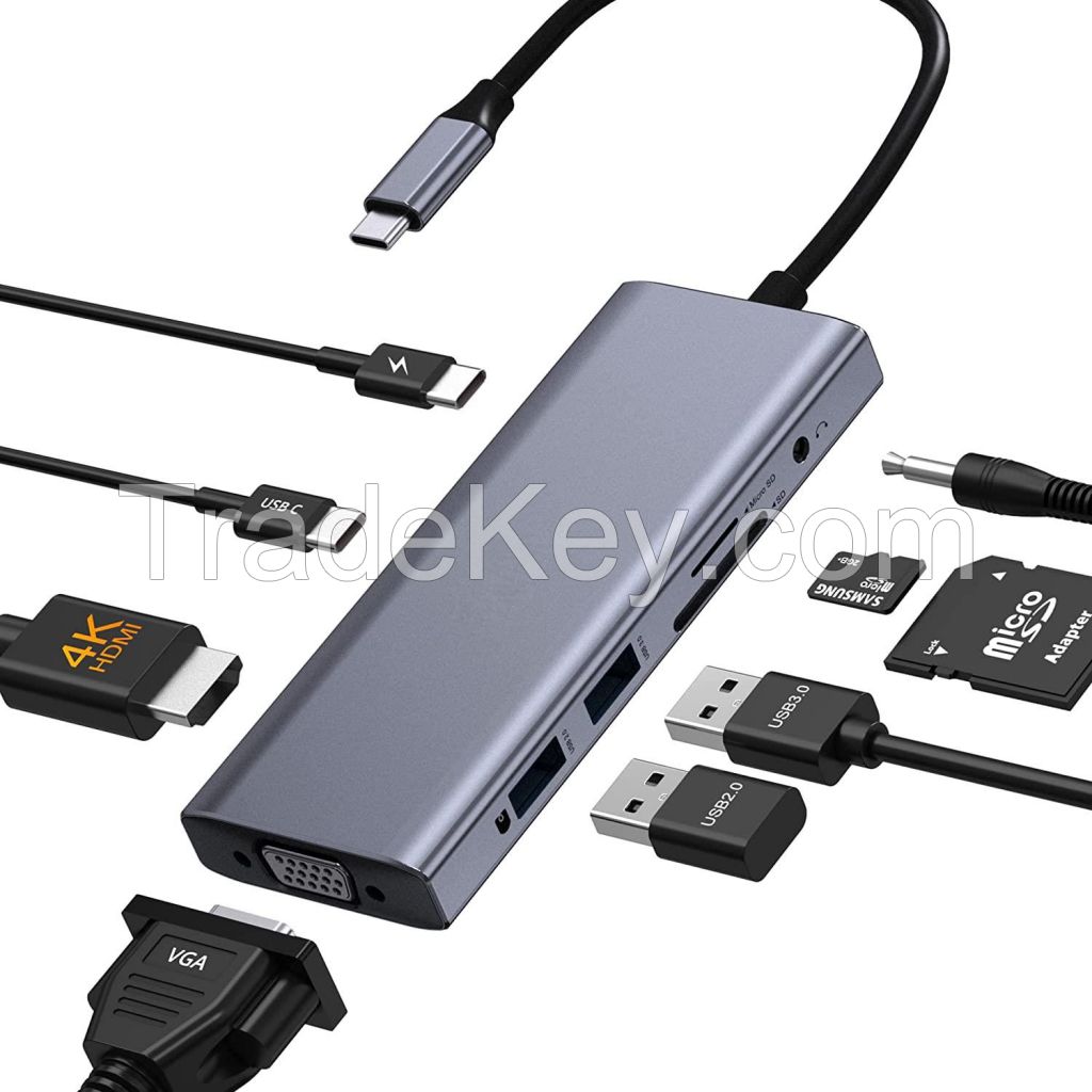 9 in 1 USB C Hub Multi-port Adapter Laptop Docking Station with VGA UHD USB3.0 SD/Micro SD for HP Dell Lenovo MacBook Type C Interface