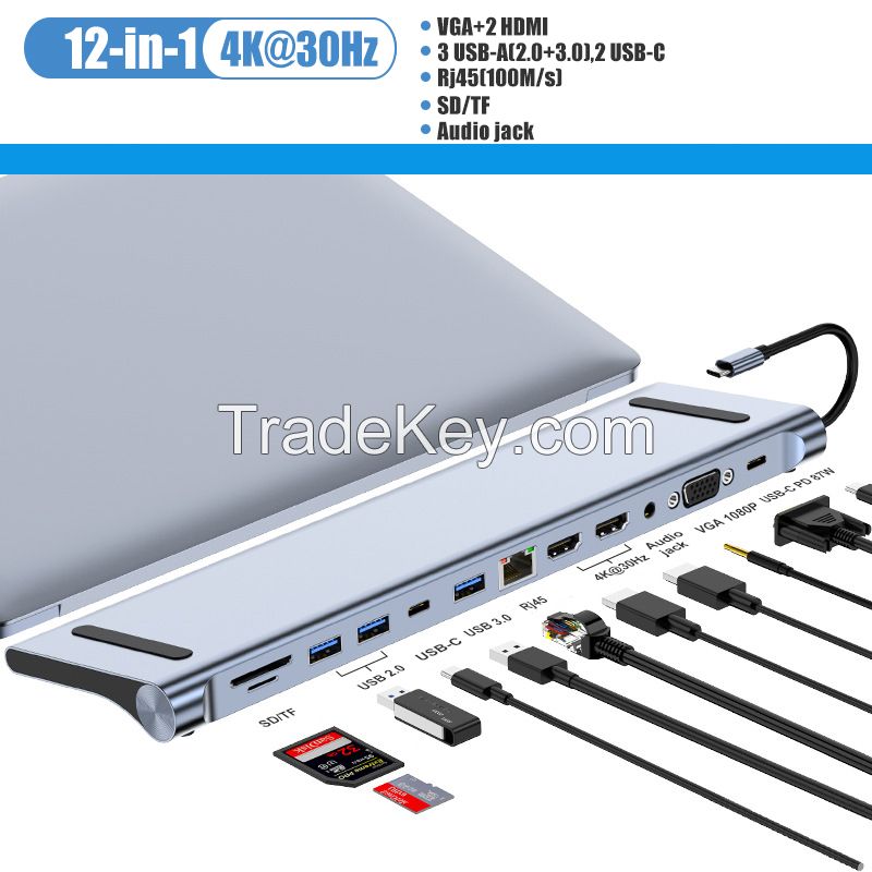 12 in 1 USB Type C Hub for Laptop Stand and Expand with 4K 30HZ HDMI and 1080P VGA,USB3.0 TF SD Card Reader USB-C PD