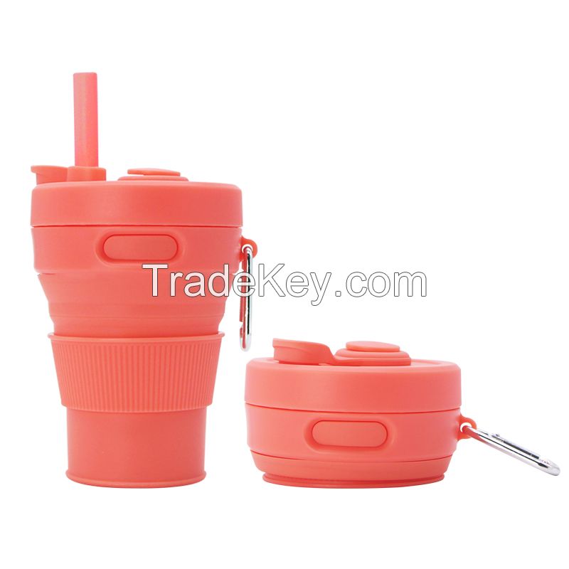 Food grade silicone collapsible coffee mug with straw for camping