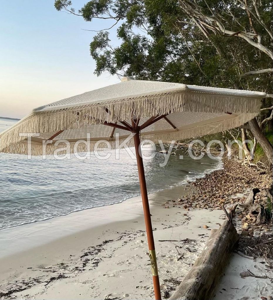 Boho Macrame Beach Umbrella with Canopy Cotton Yarn Beige With Fringe - Foldable Balinese Style Outdoor Parasol