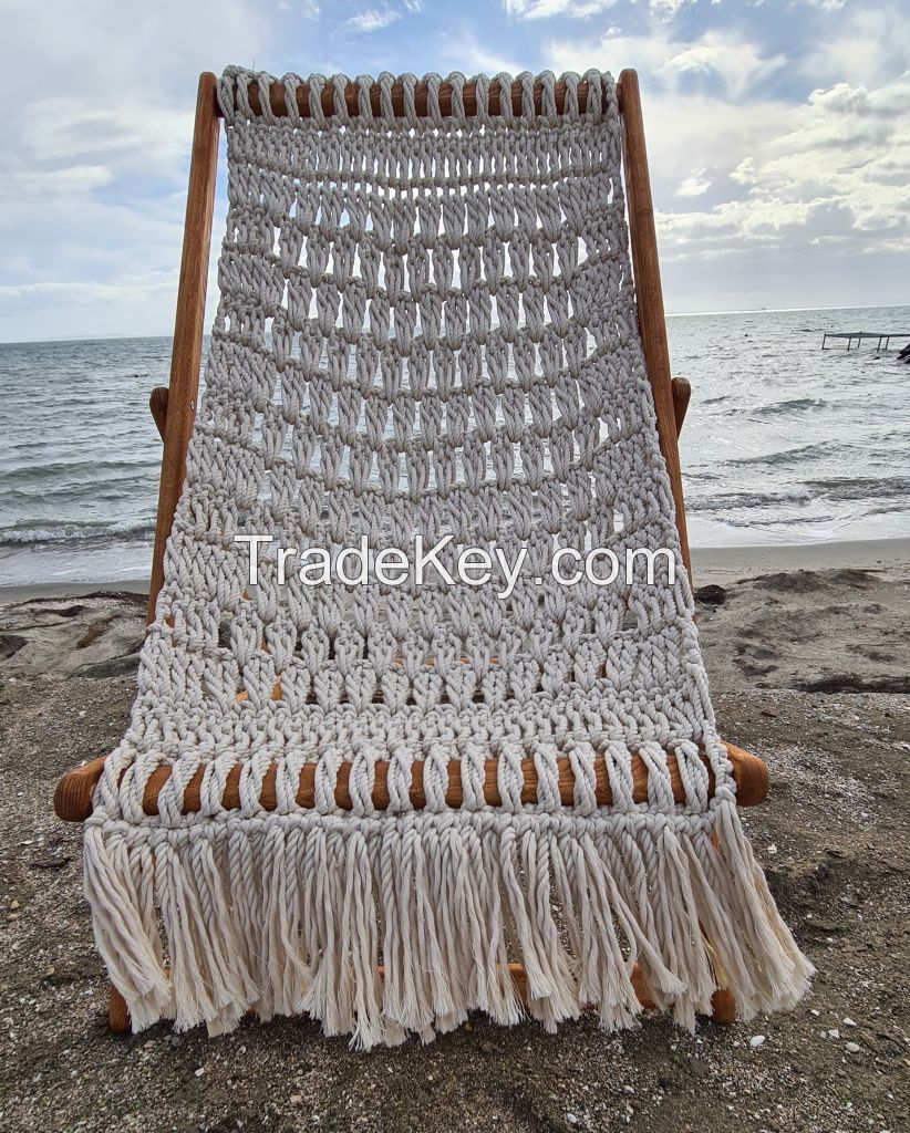 Boho Handmade Macrame Deckchair Beach Lounger Wood Camping Chair Garden Furniture Terrace Sunbed Balcony Home Decor