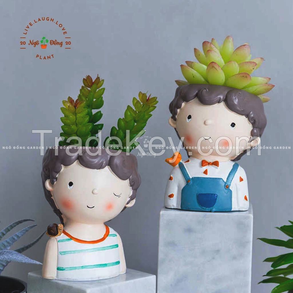 Resin Flowerpot  Succulent Planter Boy Face Head Plant Pot, Office Desk Shelf Pot, Christmas Gift for Garden Lover