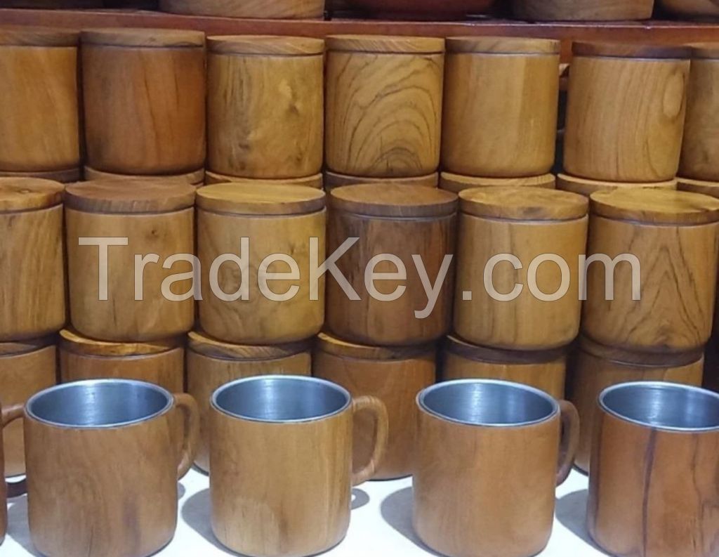 Teak wood tumbler, glass and cups