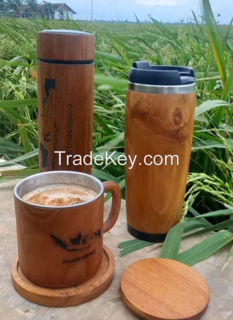 Teak wood tumbler, glass and cups