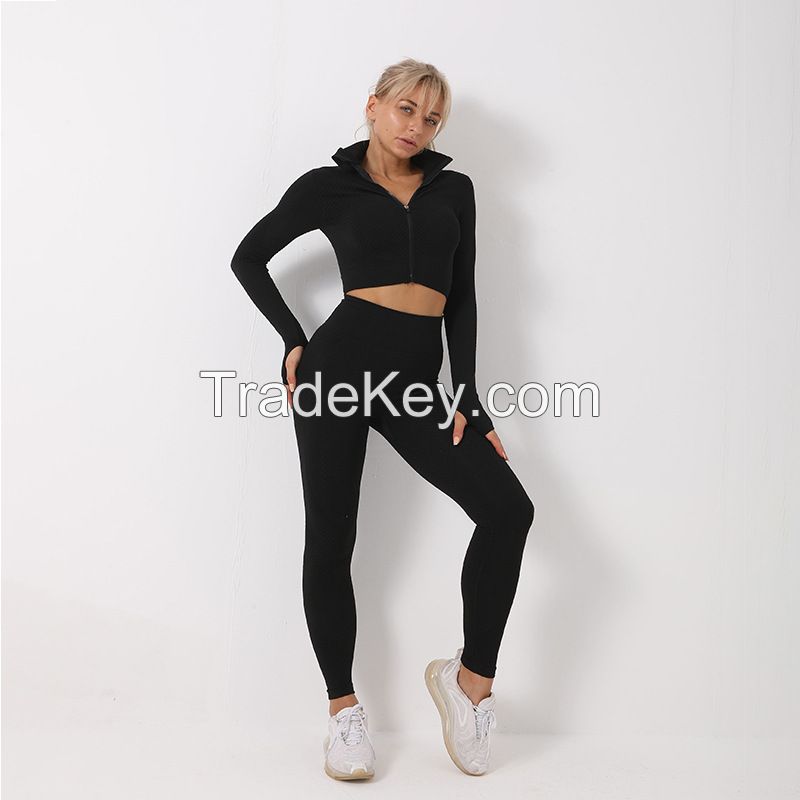 Contrast Pop Zip Closure Long Sleeves Top and Activewear Leggings Set