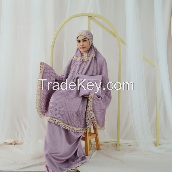 EID HOODED PRAYER SET LONG FULL COVERED RAMADHAN GOWN TELEKUNG MUKENA PLISKET PADDY PRESS PATTERN PRADA LACE