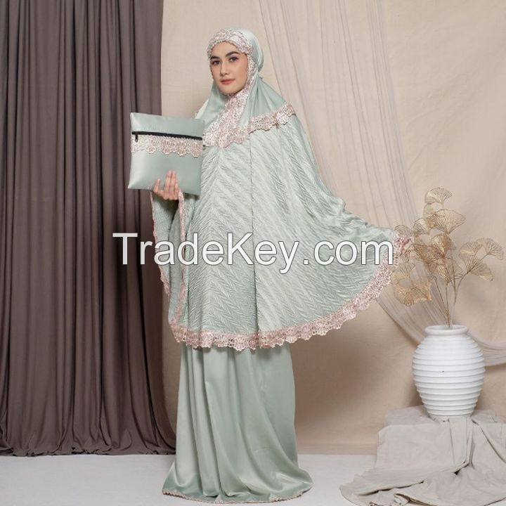 EID HOODED PRAYER SET LONG FULL COVERED RAMADHAN GOWN TELEKUNG MUKENA PLISKET PADDY PRESS PATTERN PRADA LACE