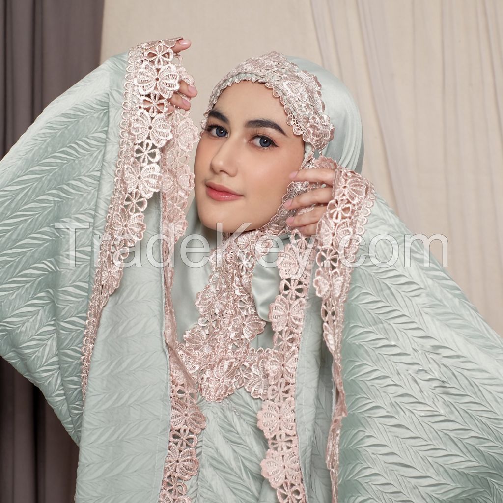 EID HOODED PRAYER SET LONG FULL COVERED RAMADHAN GOWN TELEKUNG MUKENA PLISKET PADDY PRESS PATTERN PRADA LACE