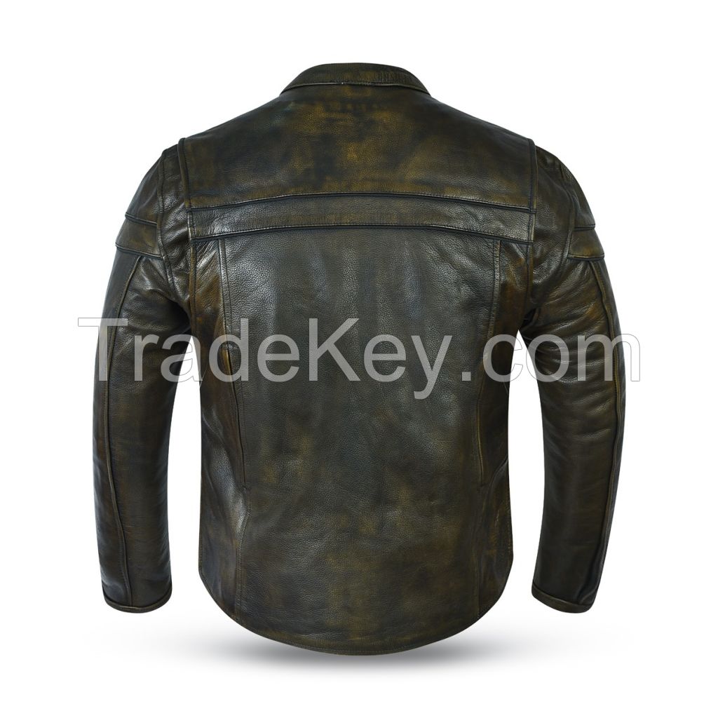 Retro Rust Green Leather Jacket For Men Concealed Carry