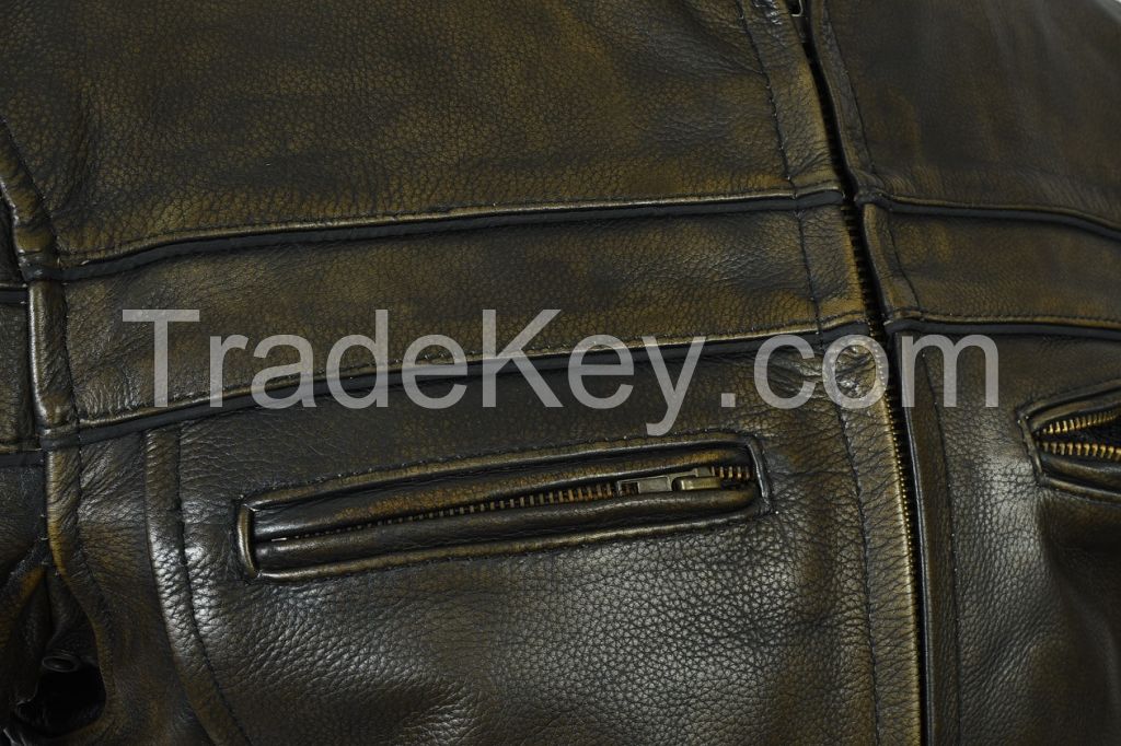 Retro Rust Green Leather Jacket For Men Concealed Carry