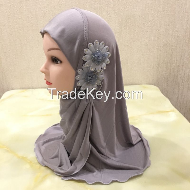 beautiful small girl Al amira hijab with flowers fit 2-7 years old muslim kids pull on islamic scarf headscarf