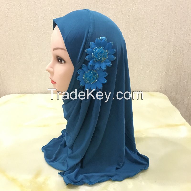 beautiful small girl Al amira hijab with flowers fit 2-7 years old muslim kids pull on islamic scarf headscarf