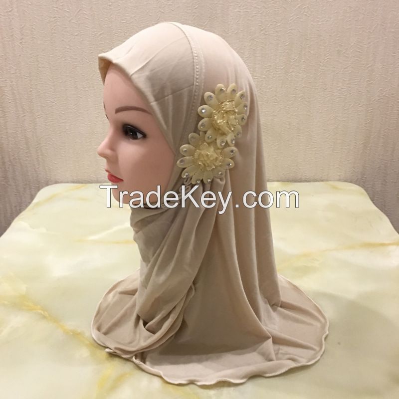 beautiful small girl Al amira hijab with flowers fit 2-7 years old muslim kids pull on islamic scarf headscarf