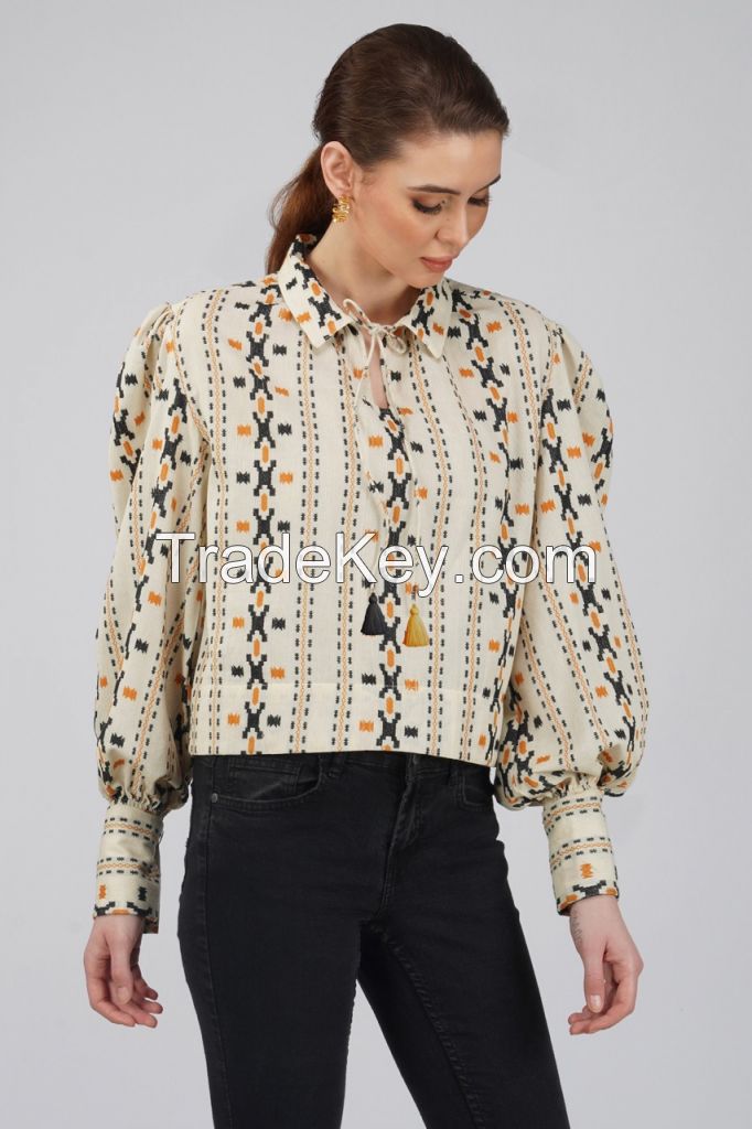 Sheqe Apparels Women's White Ikat Full Sleeves Blouson Blouse