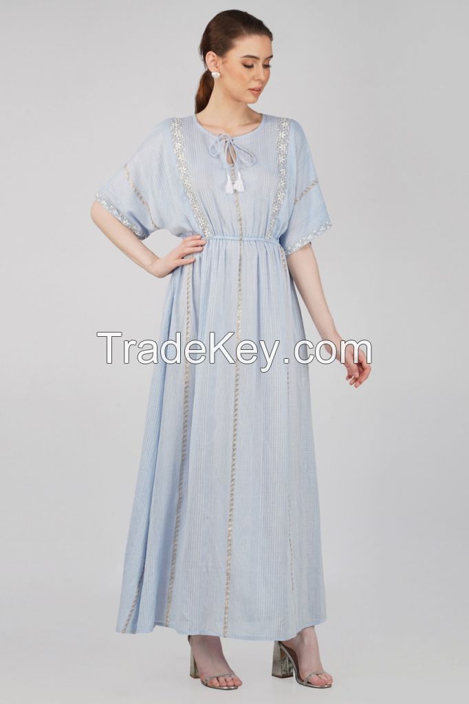 Sheqe Apparels Cotton Maxi Embroidered Dress For Women With Raglan Sleeves And Round Neck (Blue)