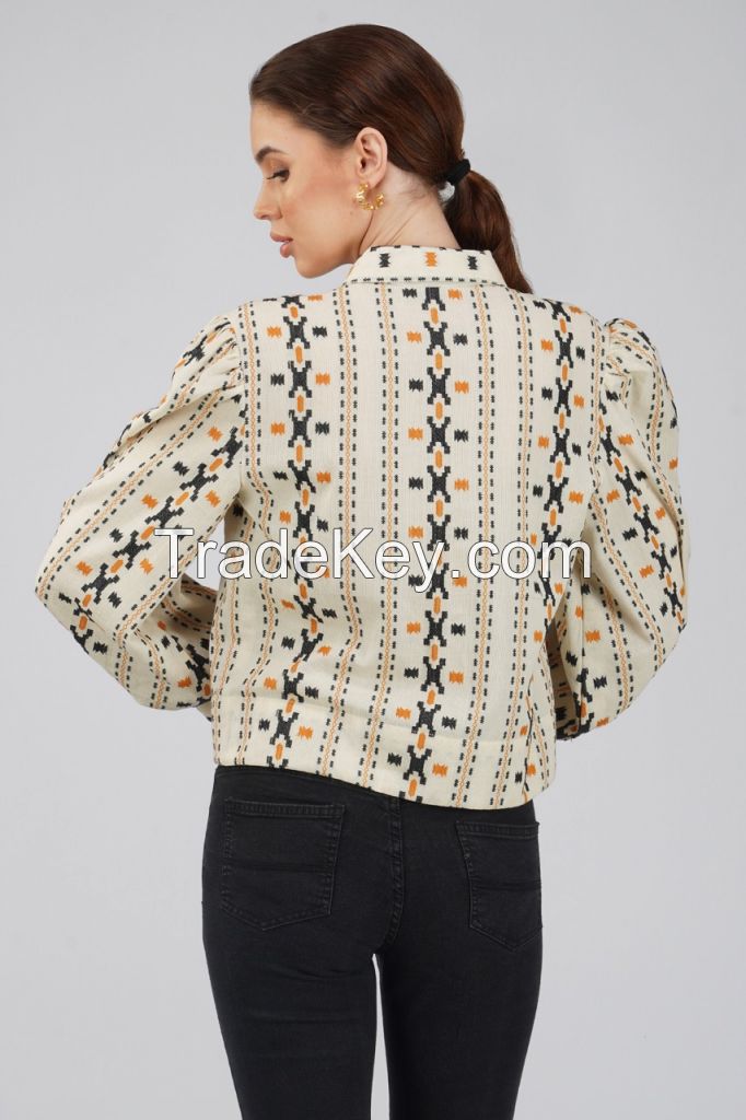 Sheqe Apparels Women's White Ikat Full Sleeves Blouson Blouse