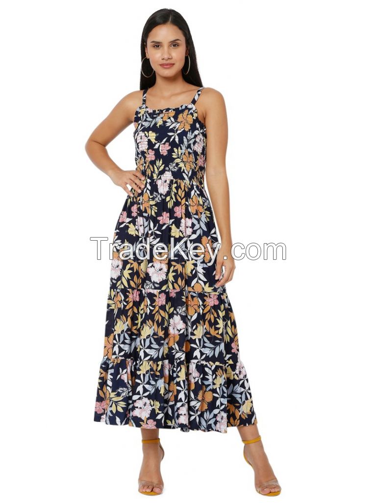  WOMEN'S COTTON BLUE COLOR FLORAL PRINT SMOKING FLARE MAXI DRESS.