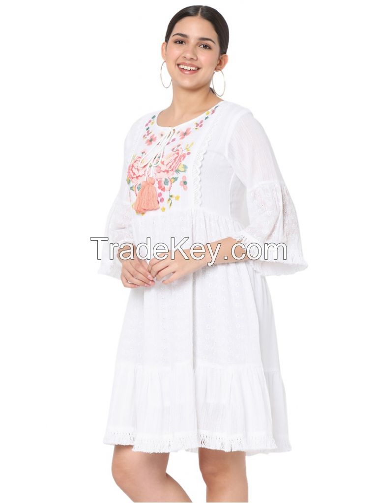 WOMEN'S COTTON SCHIFFLI FLORAL EMBROIDERY MIDI DRESS.