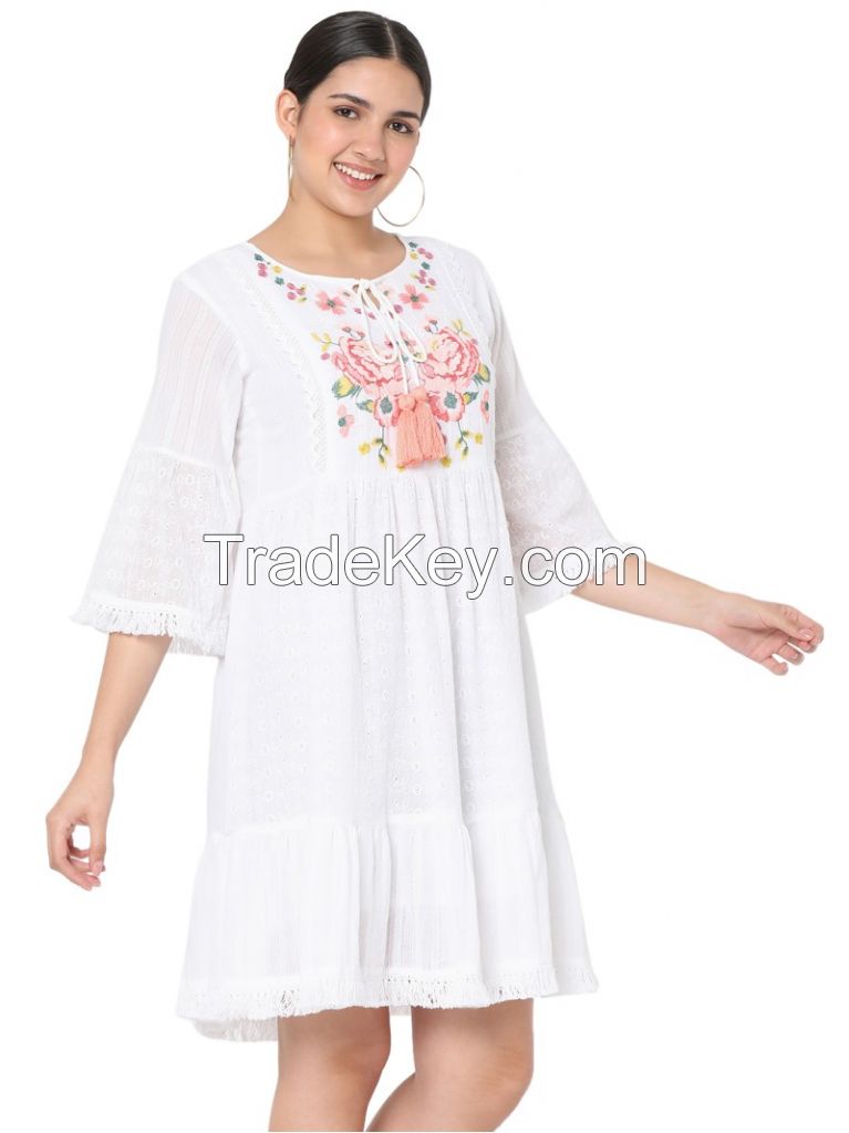 WOMEN'S COTTON SCHIFFLI FLORAL EMBROIDERY MIDI DRESS.