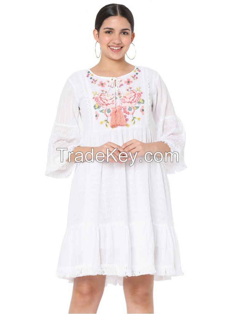 WOMEN&#039;S COTTON SCHIFFLI FLORAL EMBROIDERY MIDI DRESS.