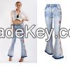 ladies fashion denim flared pants embroidered denim long pants denim wide leg pants