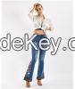 ladies jeans denim embroidered denim splicing leopard print denim wide leg pants