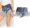 ladies pants low waist shorts embroidered denim shorts fringed curly edge wide-leg pants