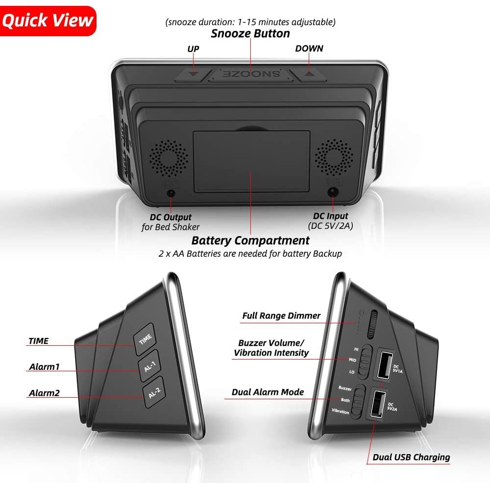 Loud Alarm Clock with Bed Shaker, Vibrating Alarm Clock for Heavy Sleepers, Deaf and Hard of Hearing, Dual Alarm Clock, 2 USB Charger Ports, 7-Inch Display, Full Range Dimmer and Battery Backup-F2040