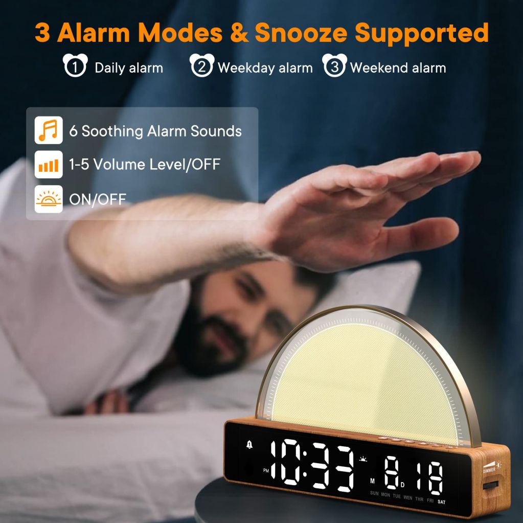 Sunrise Alarm Clock, Wake Up Light Dawn Simulator, Bedside Sun Lamp Multi Color Night Light with USB Charger, Sleep Aid, Loud Alarm Clock for Heavy Sleepers Adults, Gift for Kids Teenage Boys Girls-M9