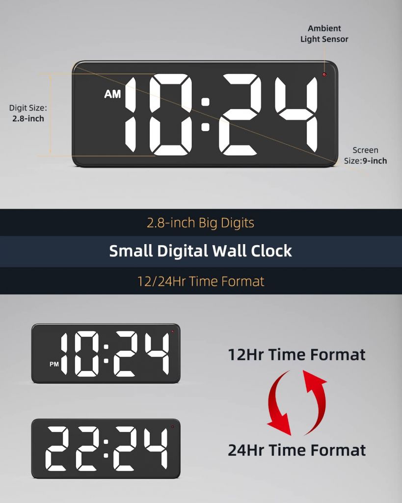 Digital Wall Clock Large Display, 16.2” LED Digital Clock with Temperature  and Auto Dimming, Easy Track The Time, Date and Day of Week, with Remote